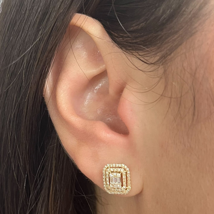 Majolie 14K Yellow Gold Baguette Round Diamond Stud Earrings