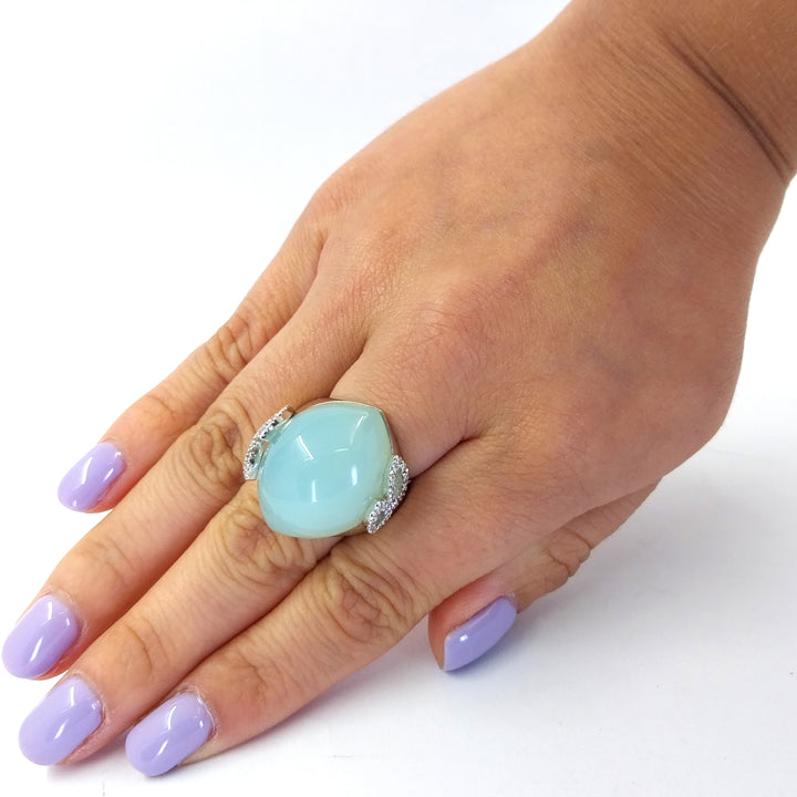 18K White Gold Chalcedony & Diamond Leaf Cocktail Ring