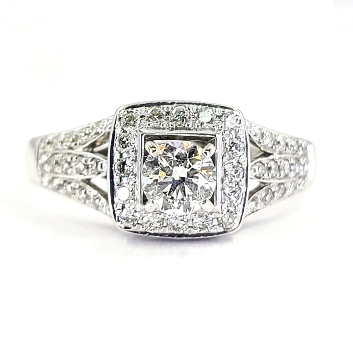 Raised Center Diamond Halo Engagement Ring