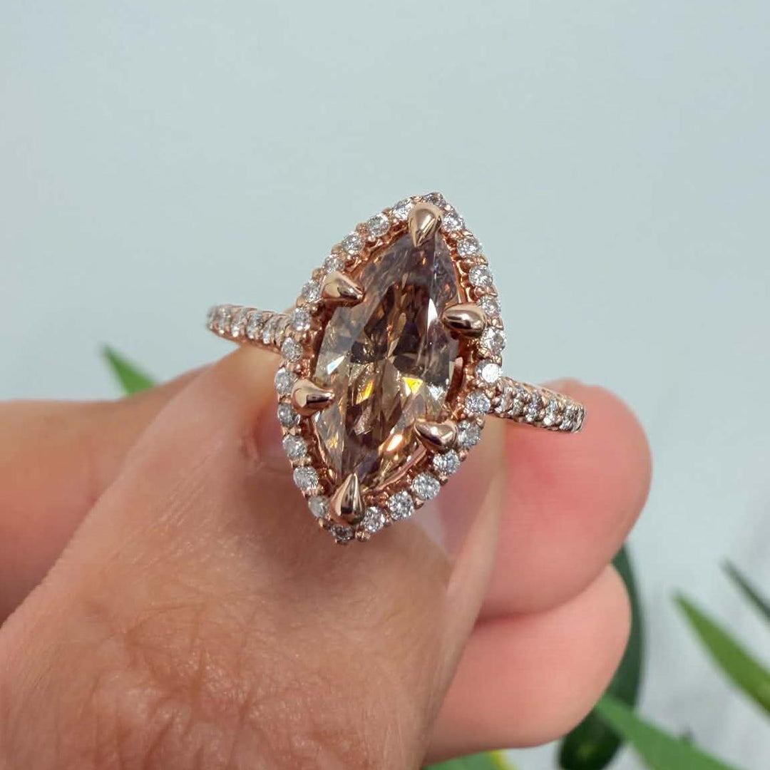14K Rose Gold 1.36 Ct Fancy Orange-Brown Marquise Diamond Halo Engagement Ring