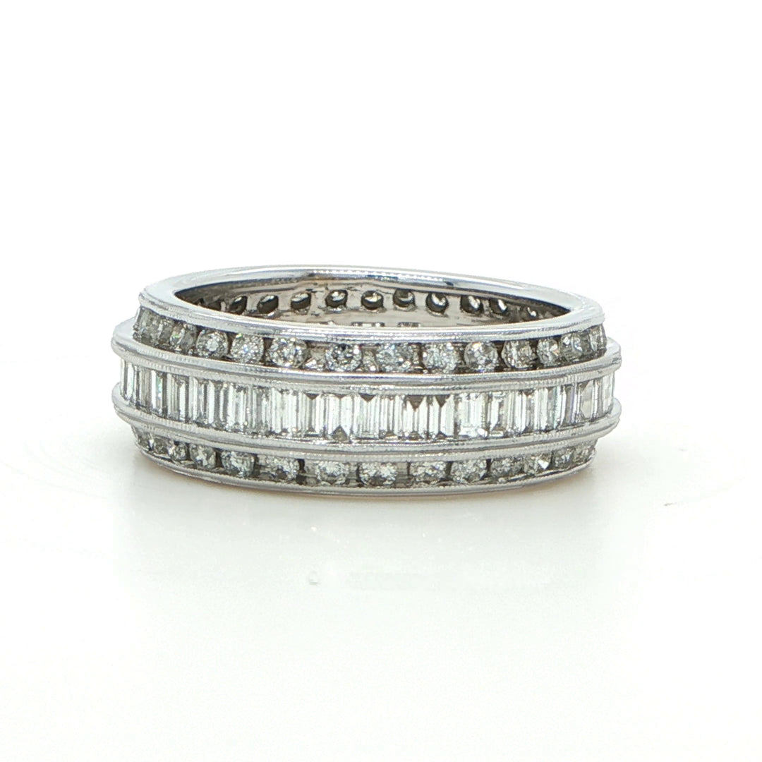 18K White Gold Baguette & Round Diamond Band Ring