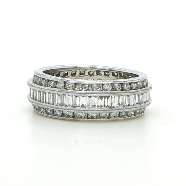 18K White Gold Baguette & Round Diamond Band Ring