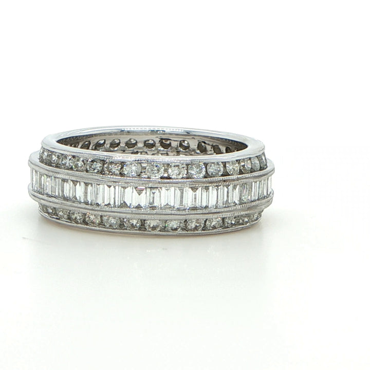 18K White Gold Baguette & Round Diamond Band Ring