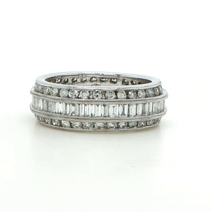 18K White Gold Baguette & Round Diamond Band Ring
