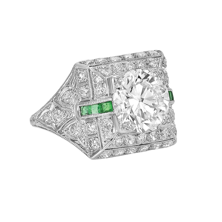 Platinum Art Deco VS Diamond Emerald Ring