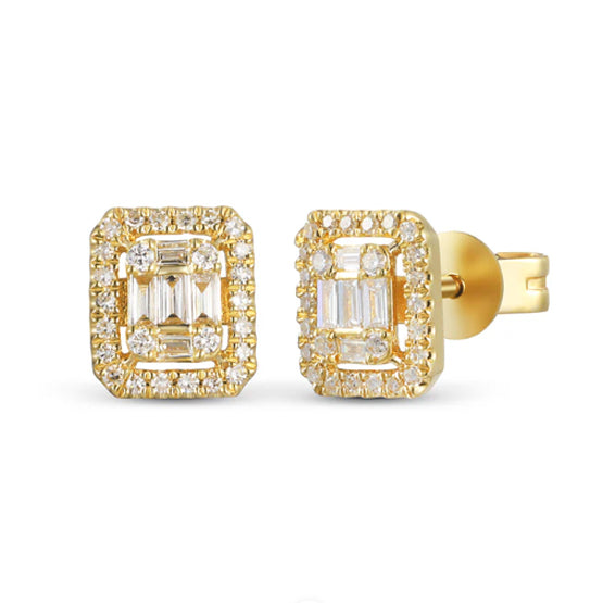 14K Yellow Gold Baguette & Round Diamond Stud Earrings