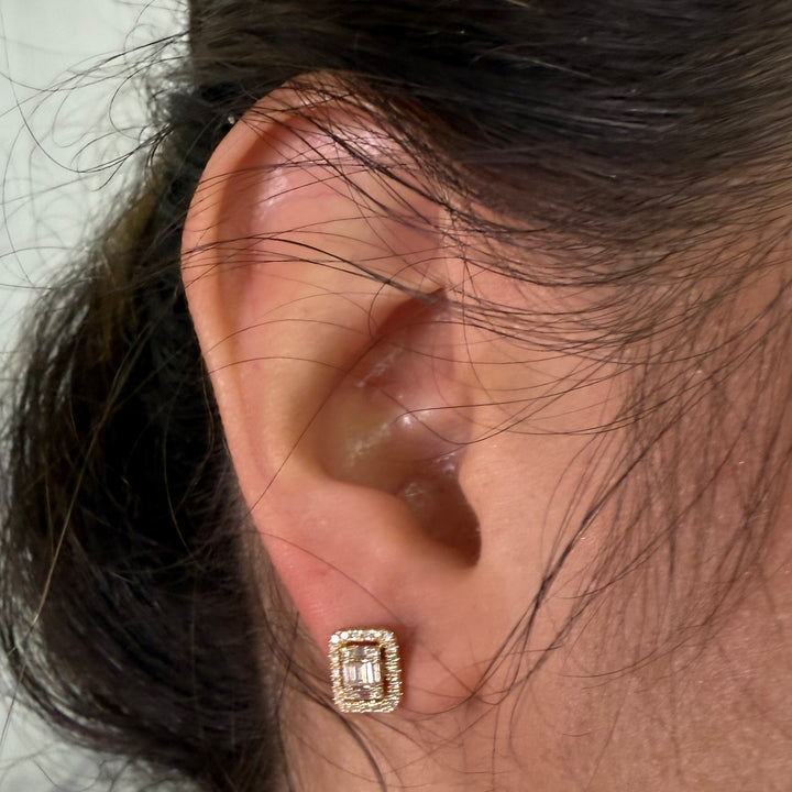 14K Yellow Gold Baguette & Round Diamond Stud Earrings