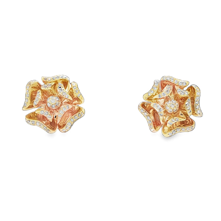 14K Yellow Gold Flower Diamond Stud Earrings