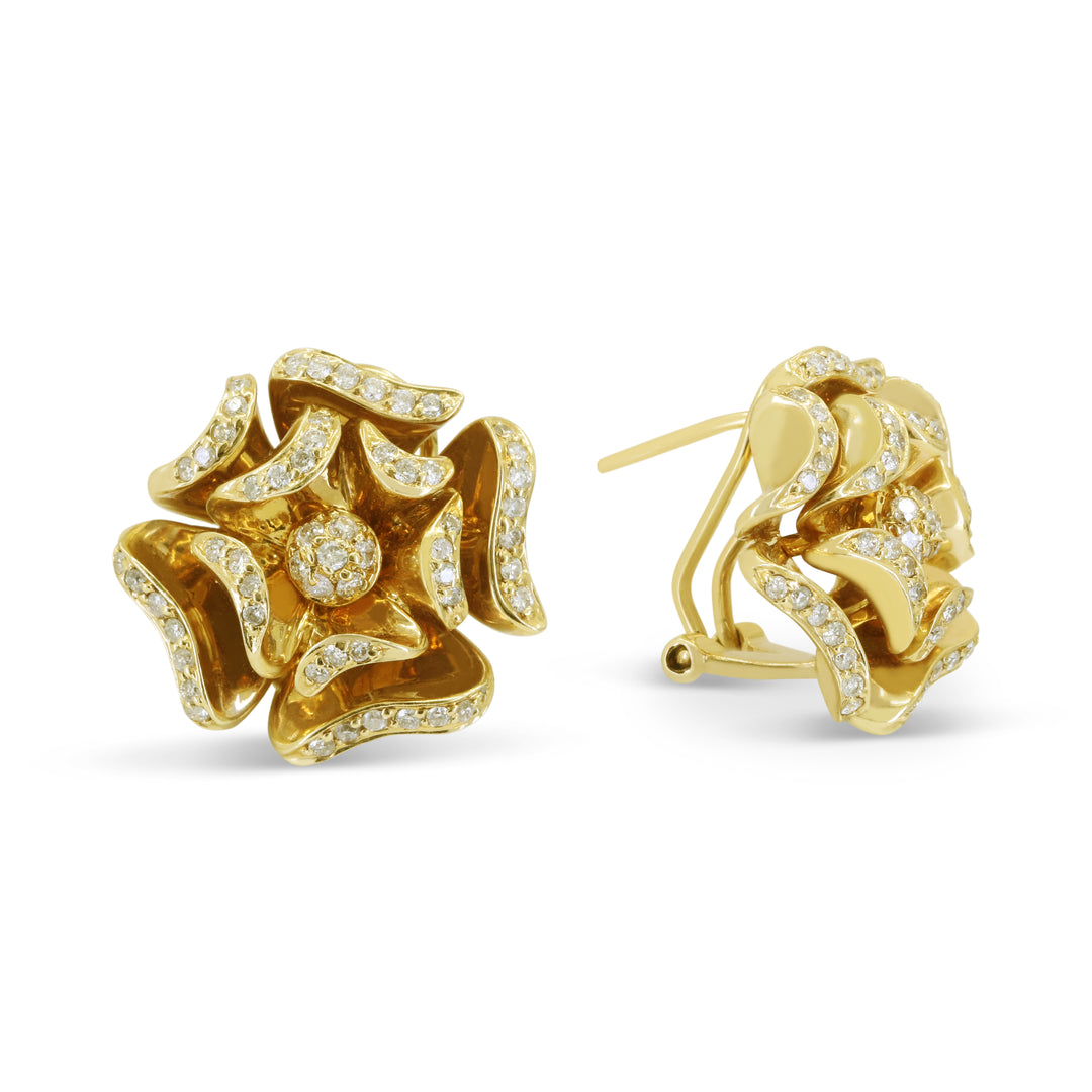14K Yellow Gold Flower Diamond Stud Earrings