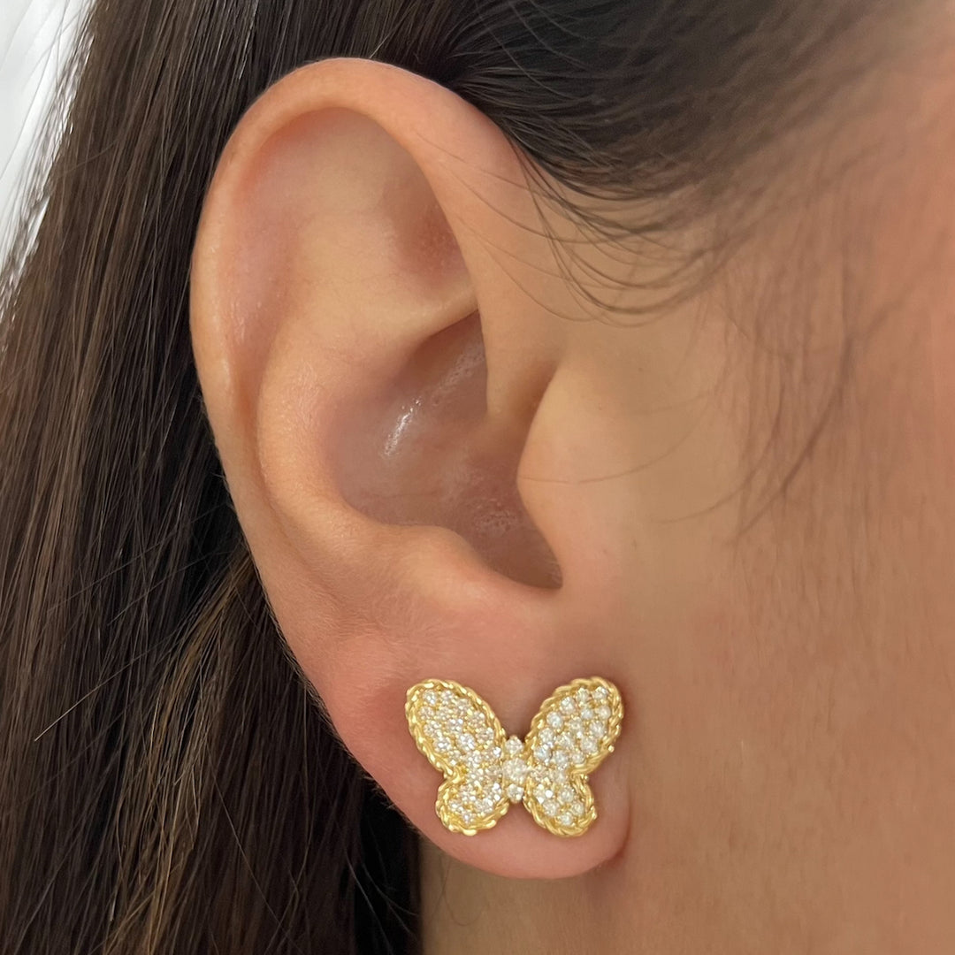 Roberto Coin Jasmine 18K Yellow Gold Pave Diamond Butterfly Stud Earrings