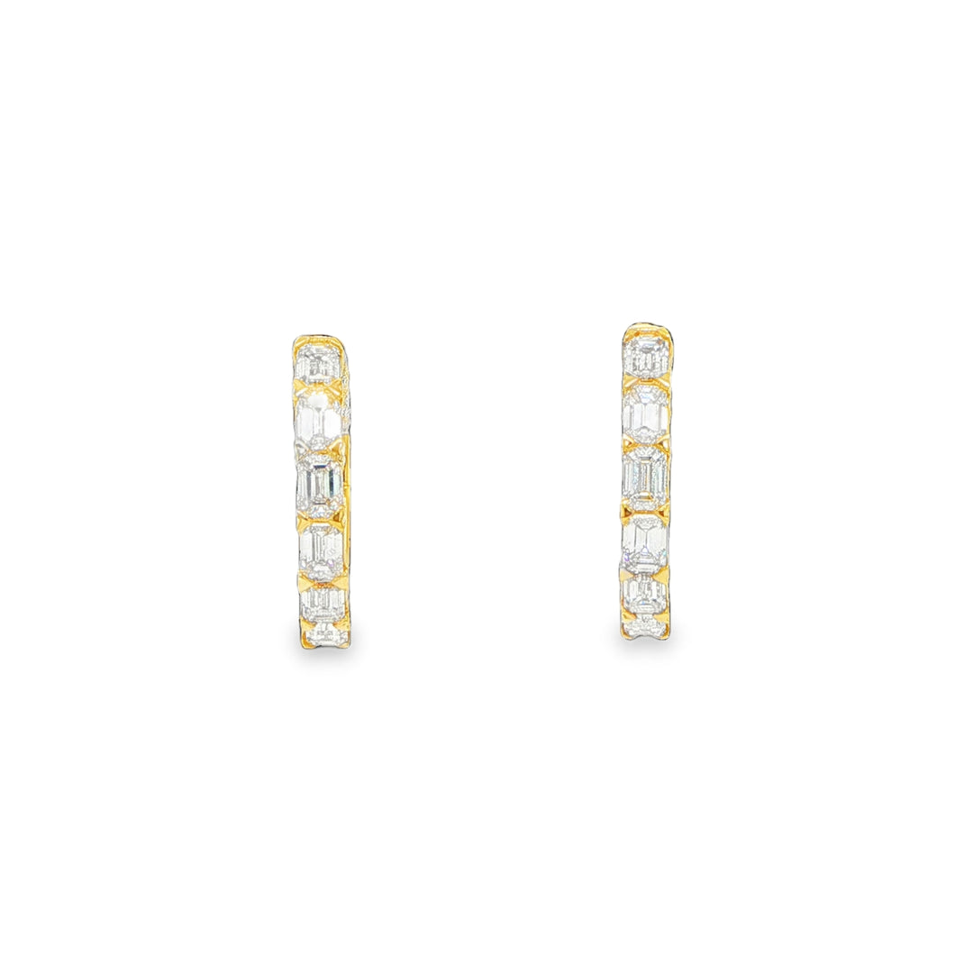 18K Yellow Gold Emerald Cut Diamond Huggie Hoop Earrings