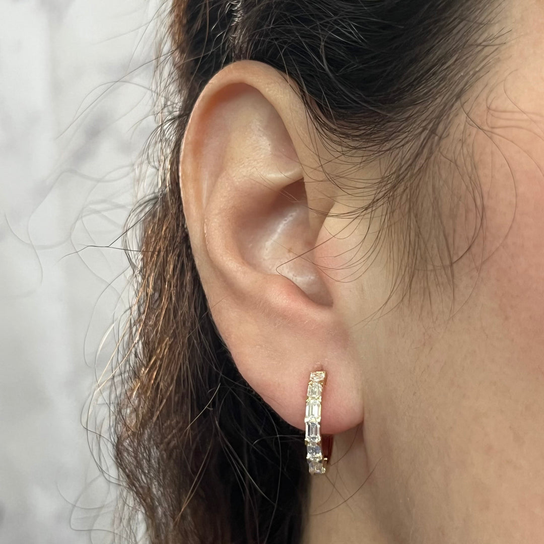 18K Yellow Gold Emerald Cut Diamond Huggie Hoop Earrings