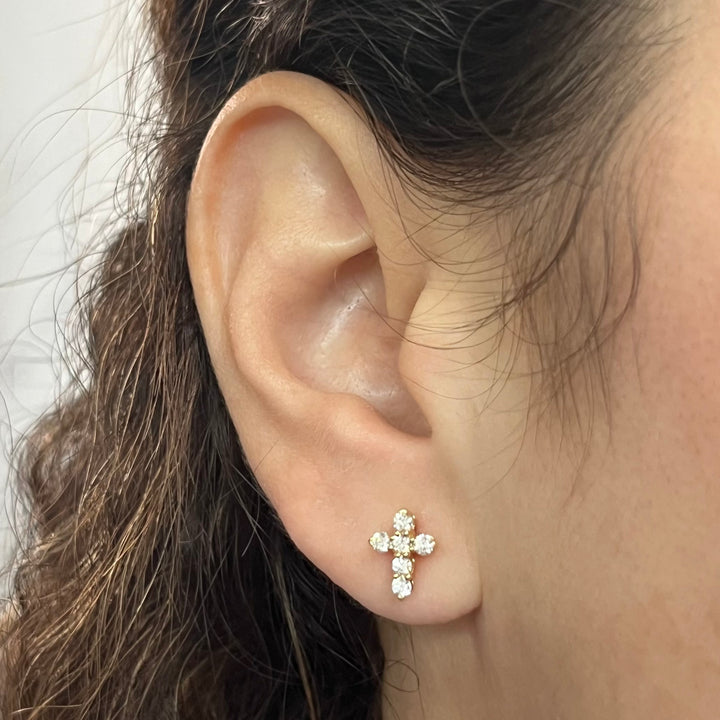 18K Yellow Gold Diamond Cross Earrings