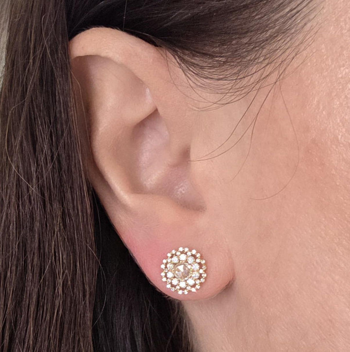 14K Yellow Gold Rose Cut & Diamond Stud Earrings