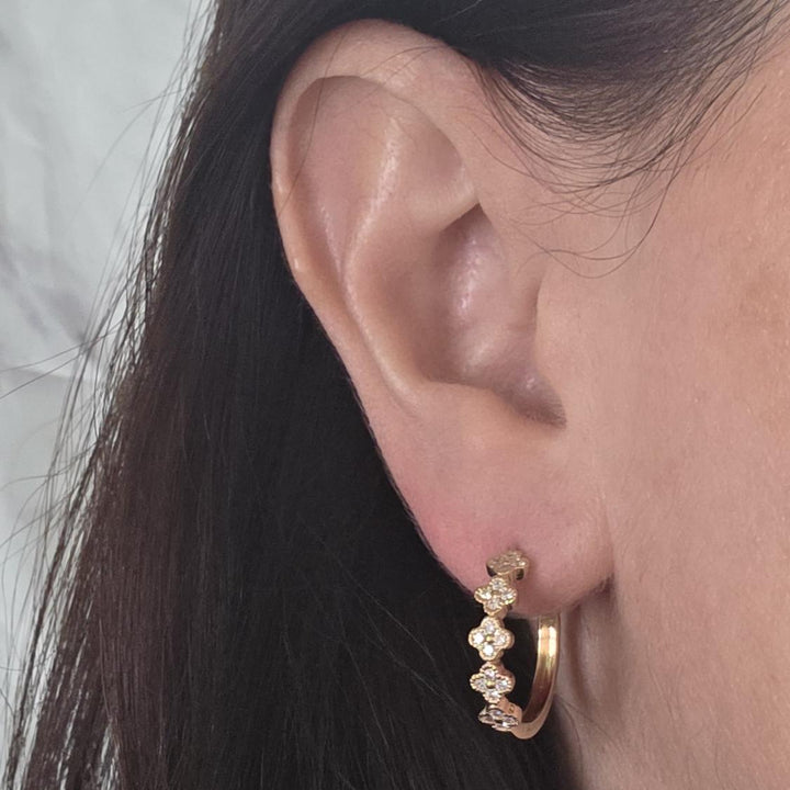 14K Yellow Gold Floral Diamond Hoop Earrings