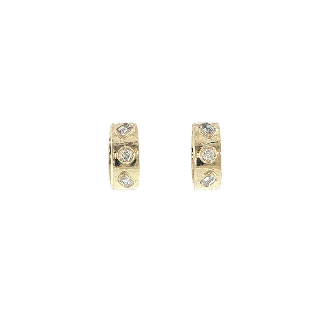 14K Yellow Gold Bezel Set Emerald & Round Diamond Hoop Earrings