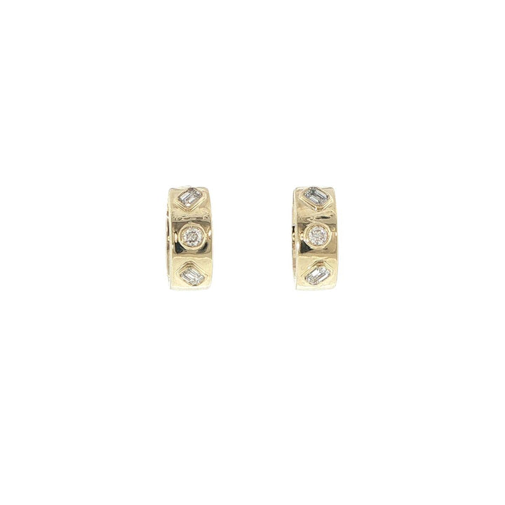 14K Yellow Gold Bezel Set Emerald & Round Diamond Hoop Earrings