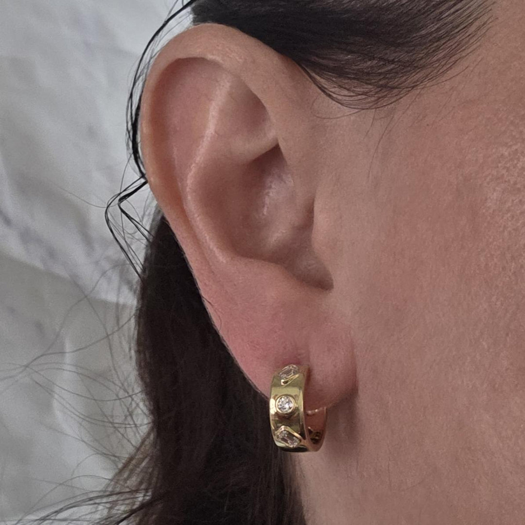 14K Yellow Gold Bezel Set Emerald & Round Diamond Hoop Earrings