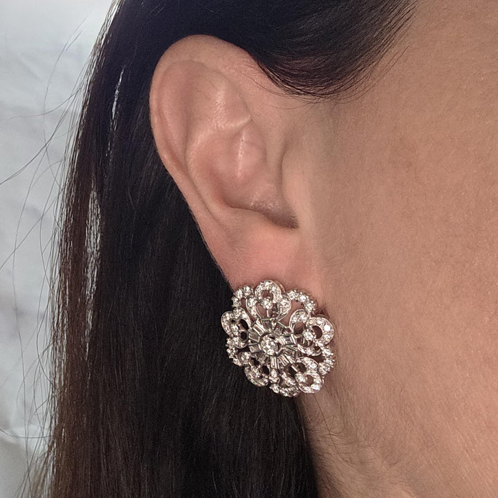 Vintage Platinum Diamond Cluster Earrings