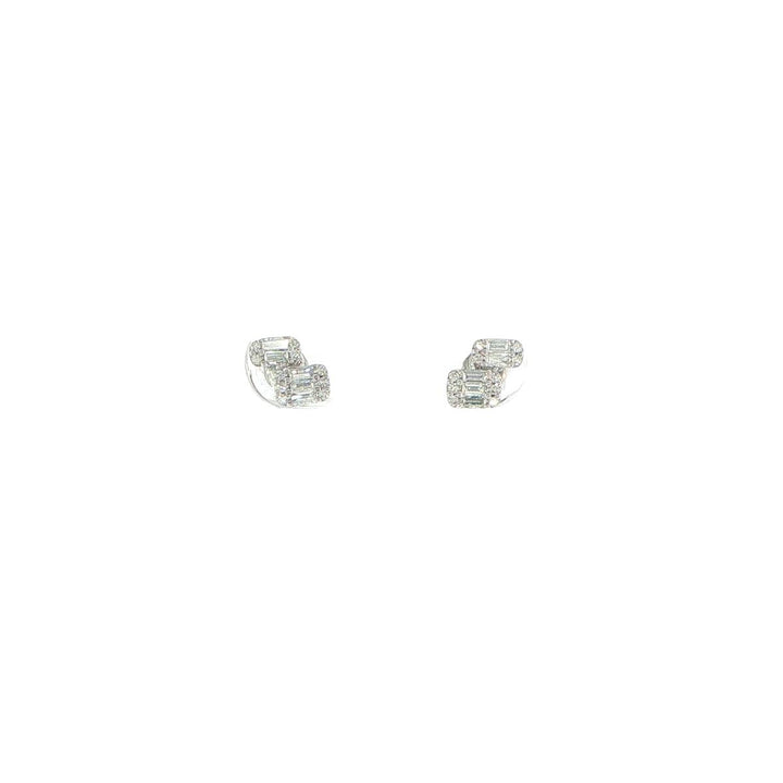 14K White Gold Baguette & Round Diamond Double Stack Stud Earrings