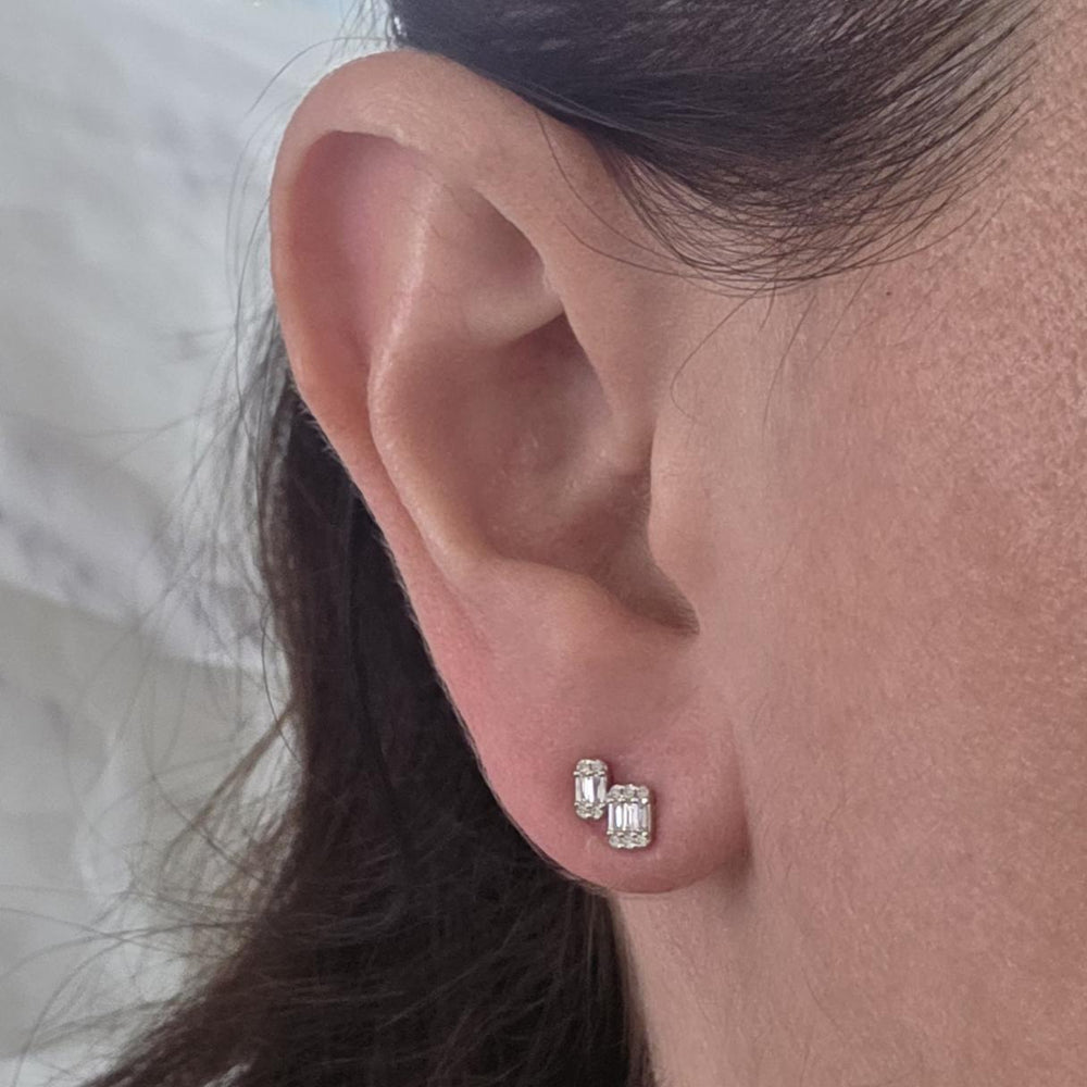 14K White Gold Baguette & Round Diamond Double Stack Stud Earrings