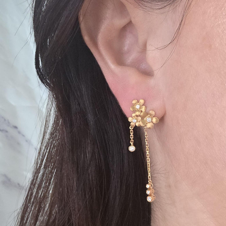 18K Yellow Gold Diamond Floral Drop Earrings