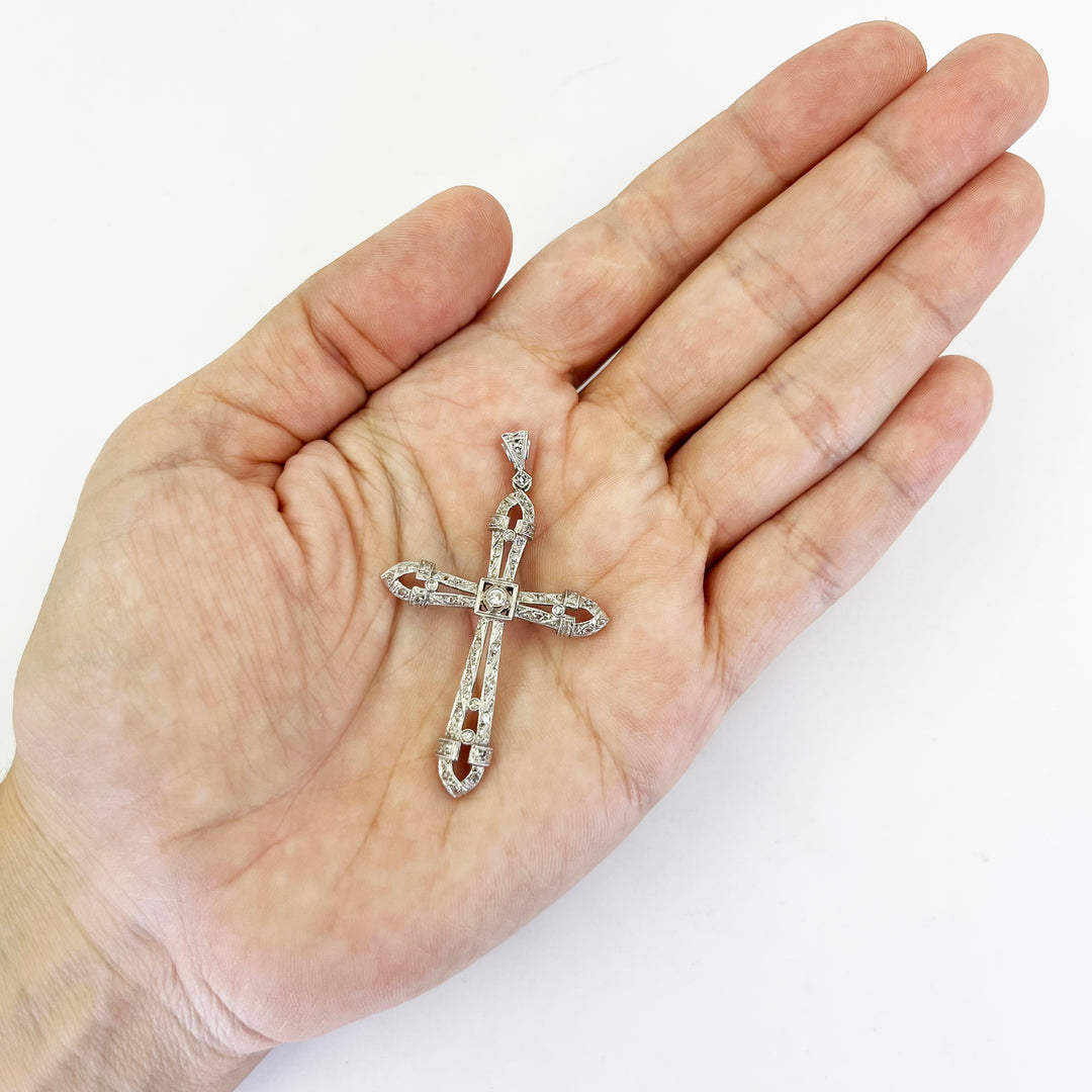 Antique Platinum & 18K White Gold Diamond Cross Pendant