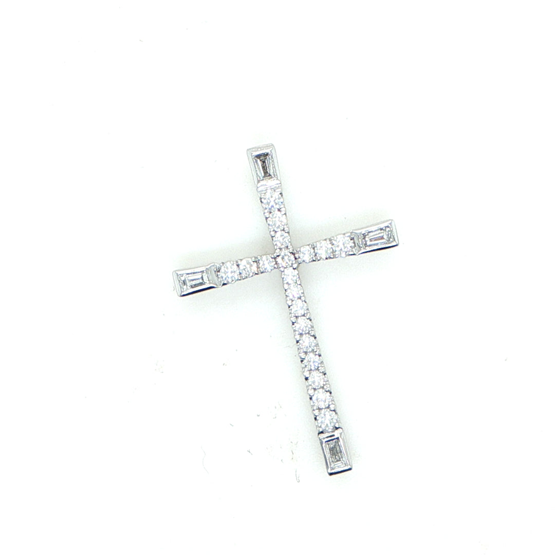 18K White Gold Round & Baguette Diamond Cross Pendant