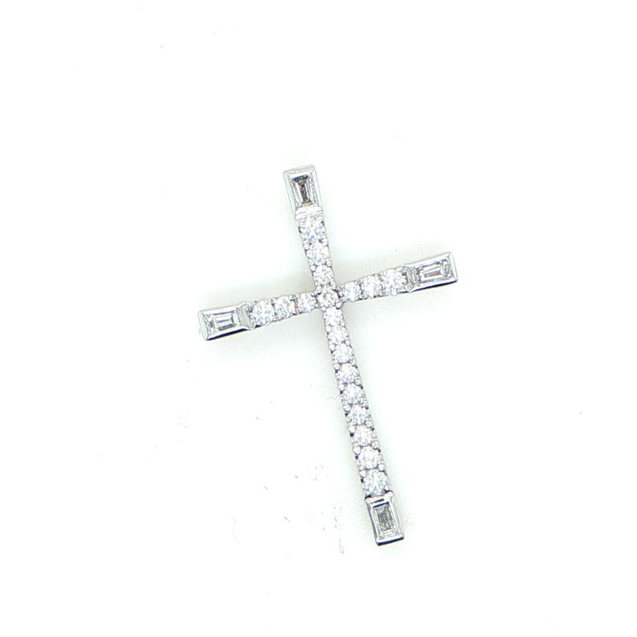 18K White Gold Round & Baguette Diamond Cross Pendant