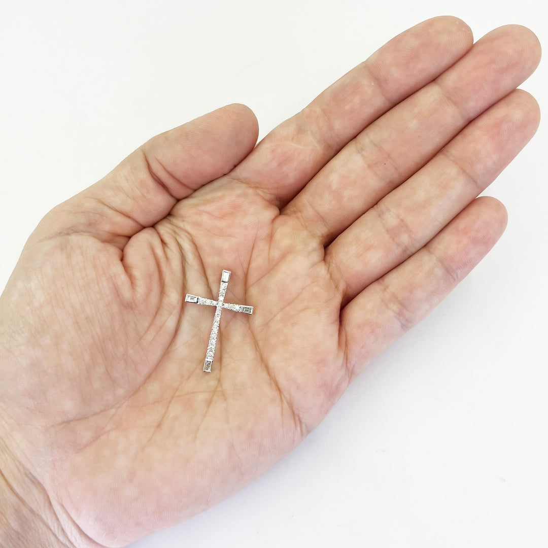 18K White Gold Round & Baguette Diamond Cross Pendant