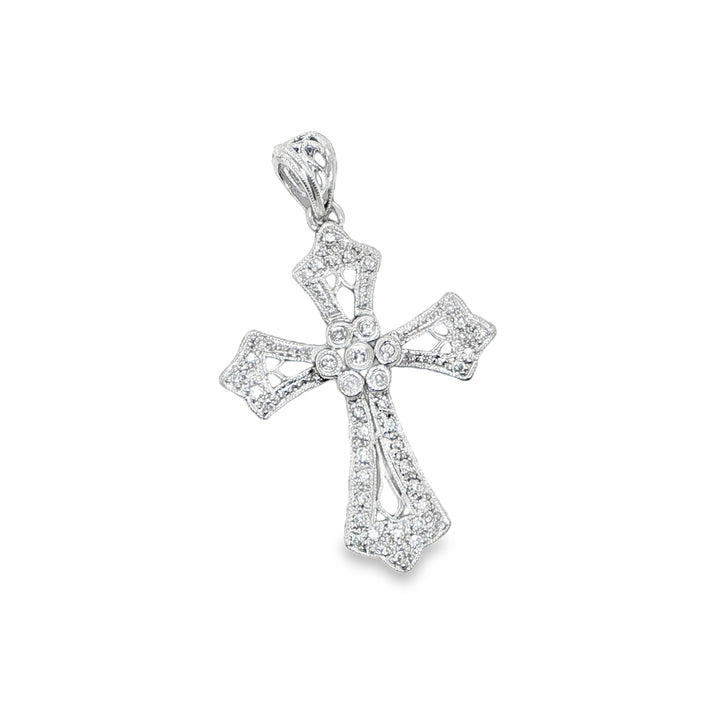 14K White Gold Diamond Cross Pendant with Migrain