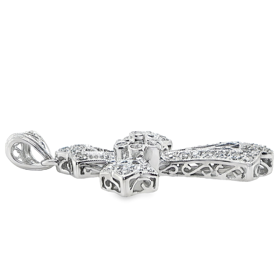 14K White Gold Diamond Cross Pendant with Migrain