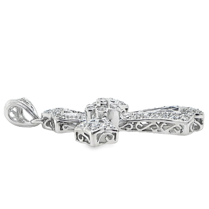 14K White Gold Diamond Cross Pendant with Migrain