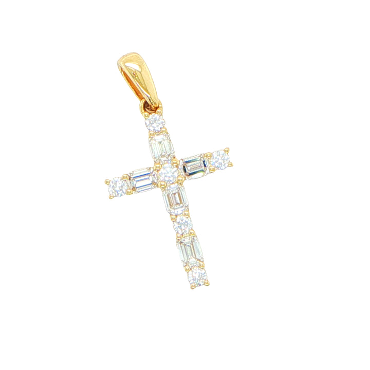 18K Yellow Gold Emerald Cut & Round Diamond Cross Pendant