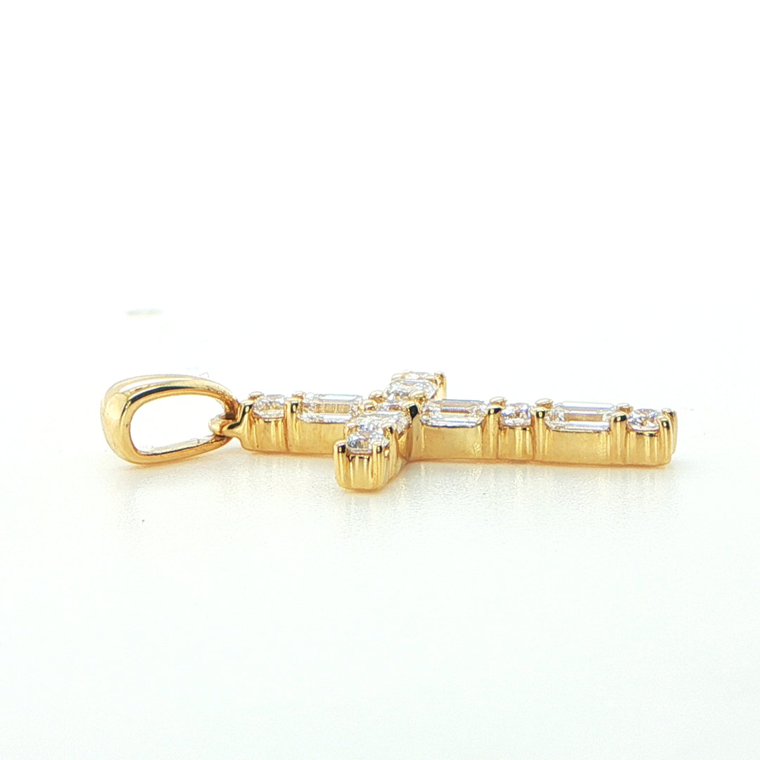 18K Yellow Gold Emerald Cut & Round Diamond Cross Pendant
