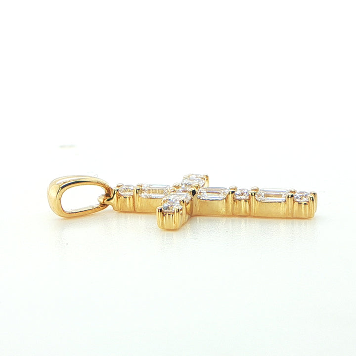 18K Yellow Gold Emerald Cut & Round Diamond Cross Pendant
