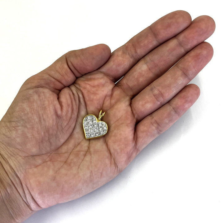 Quadrillion 18K Yellow Gold Invisible Set Princess Diamond Heart Pendant