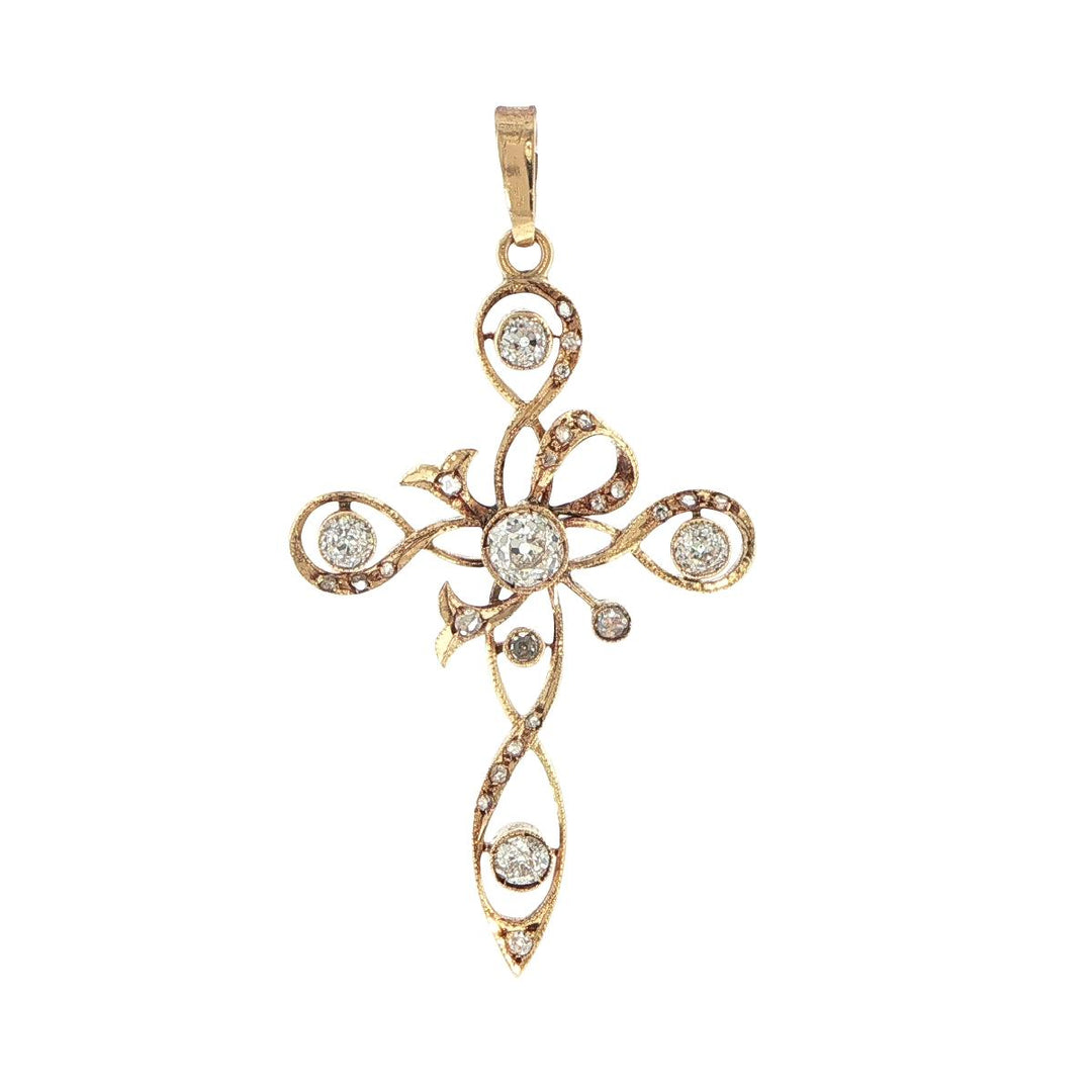 18K Yellow Gold Antique Old Mine Cut Diamond Cross Pendant