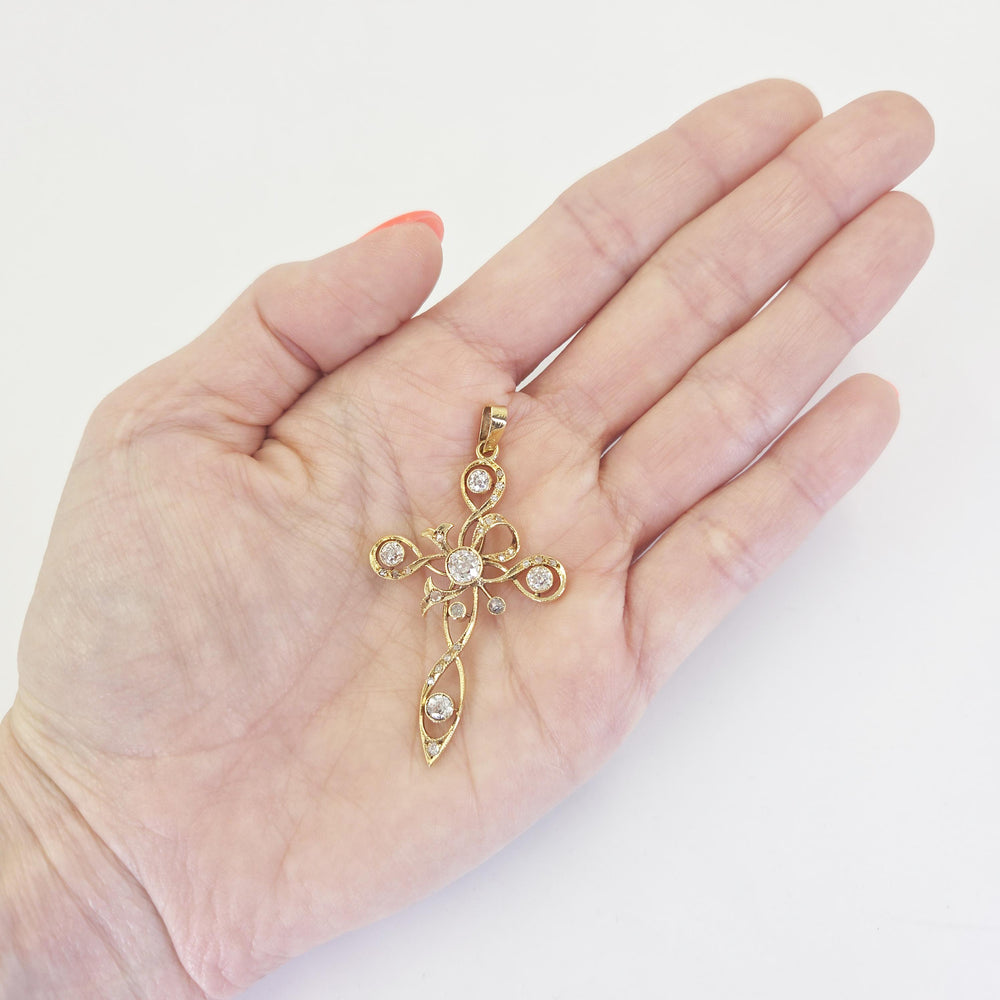 18K Yellow Gold Antique Old Mine Cut Diamond Cross Pendant