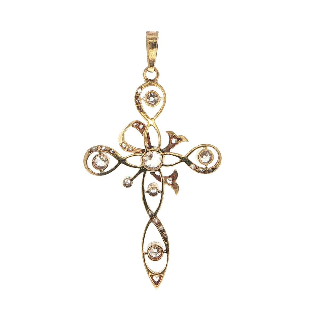 18K Yellow Gold Antique Old Mine Cut Diamond Cross Pendant
