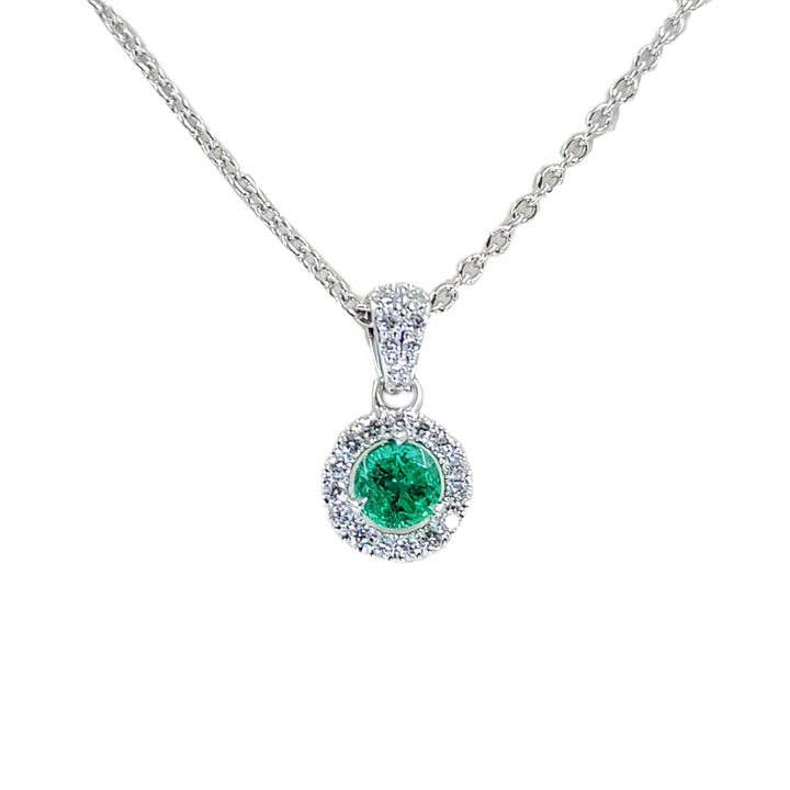 Emerald and Diamond Halo Pendant Necklace