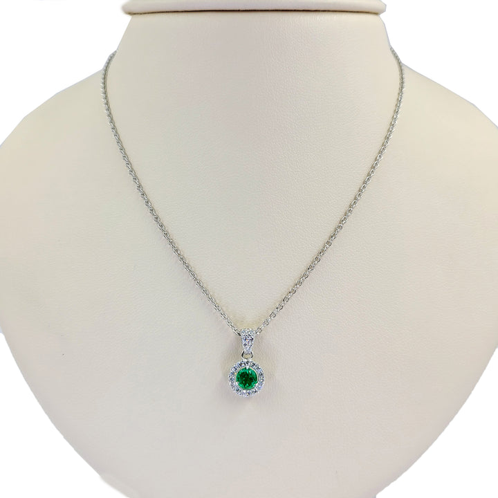 Emerald and Diamond Halo Pendant Necklace
