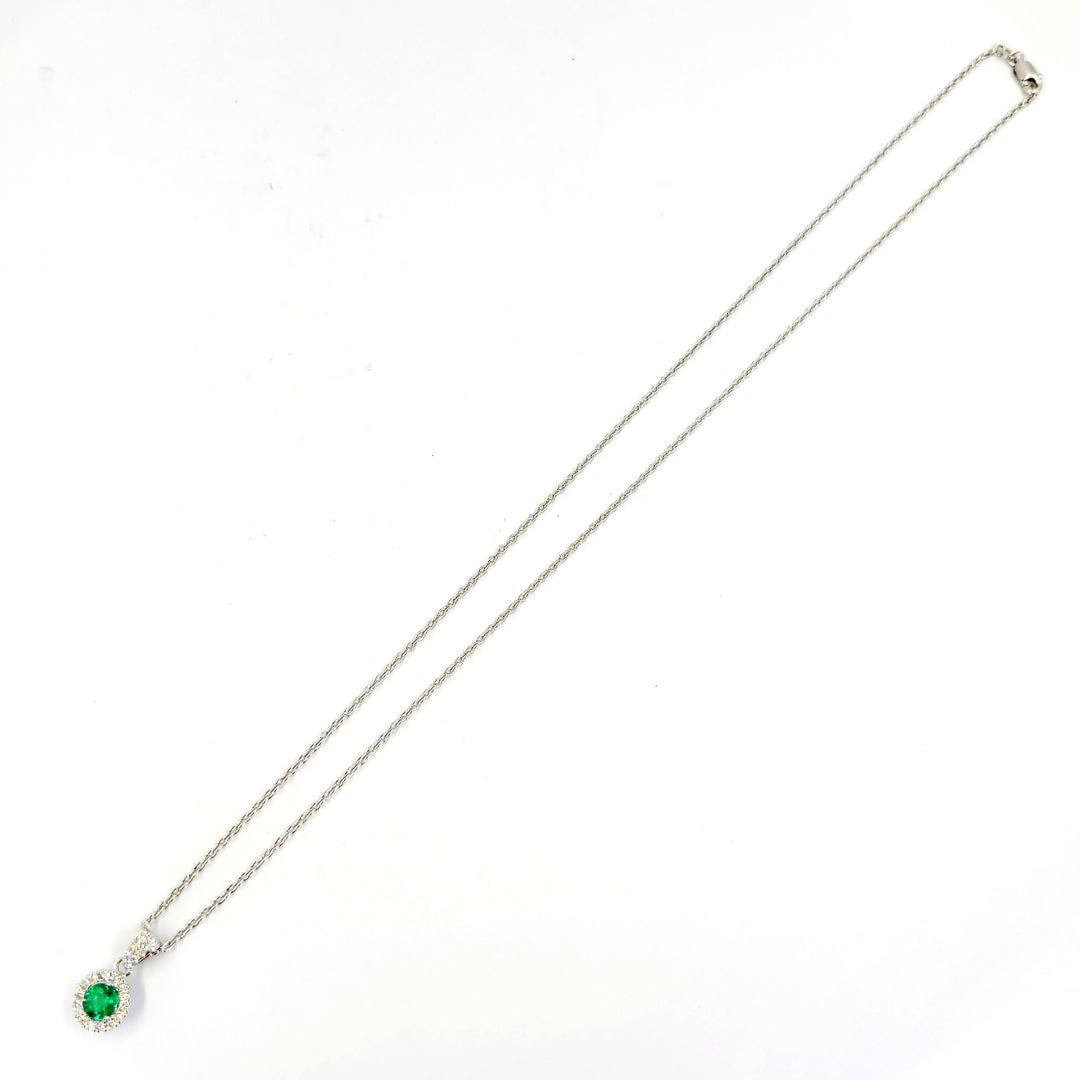 Emerald and Diamond Halo Pendant Necklace