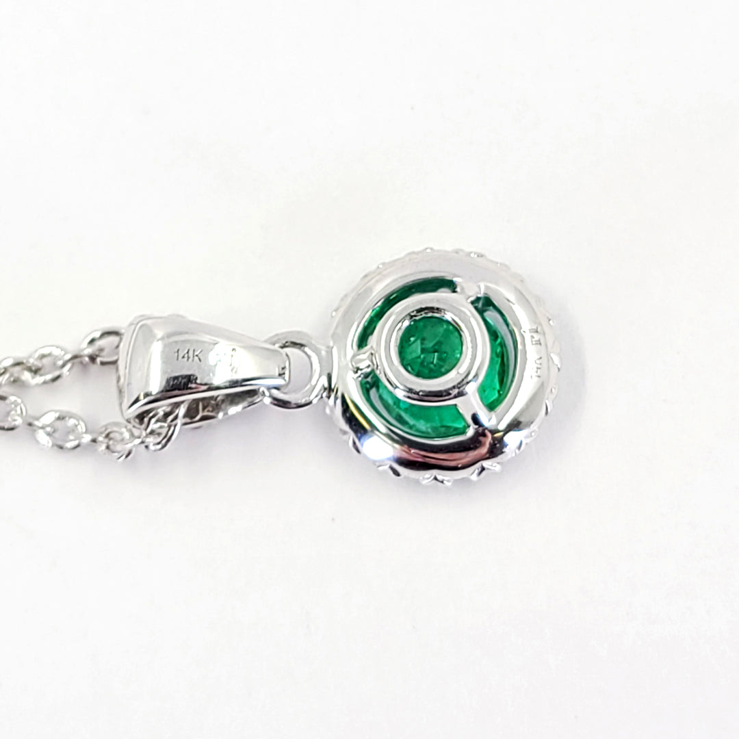 Emerald and Diamond Halo Pendant Necklace
