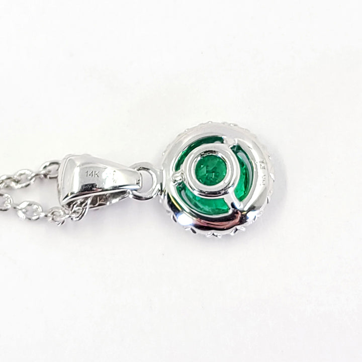 Emerald and Diamond Halo Pendant Necklace