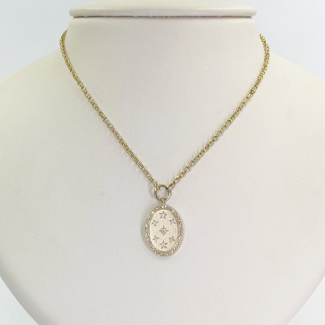 14K Yellow Gold Matte Oval Diamond Pendant Necklace