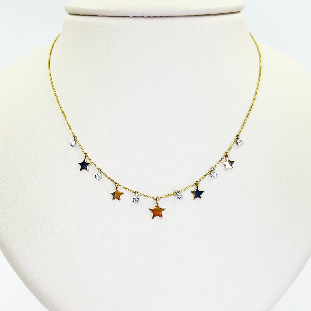 14K Two-Tone Gold Diamond Star Station Necklace – 0.11 CTW