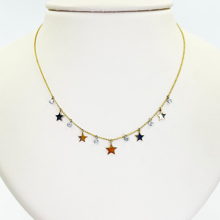 14K Two-Tone Gold Diamond Star Station Necklace – 0.11 CTW