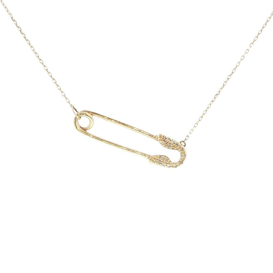 14K Yellow Gold Diamond Safety Pin Necklace