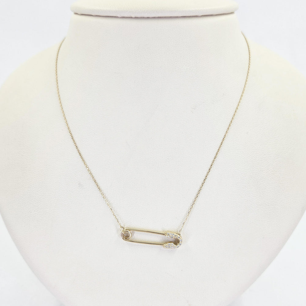 14K Yellow Gold Diamond Safety Pin Necklace